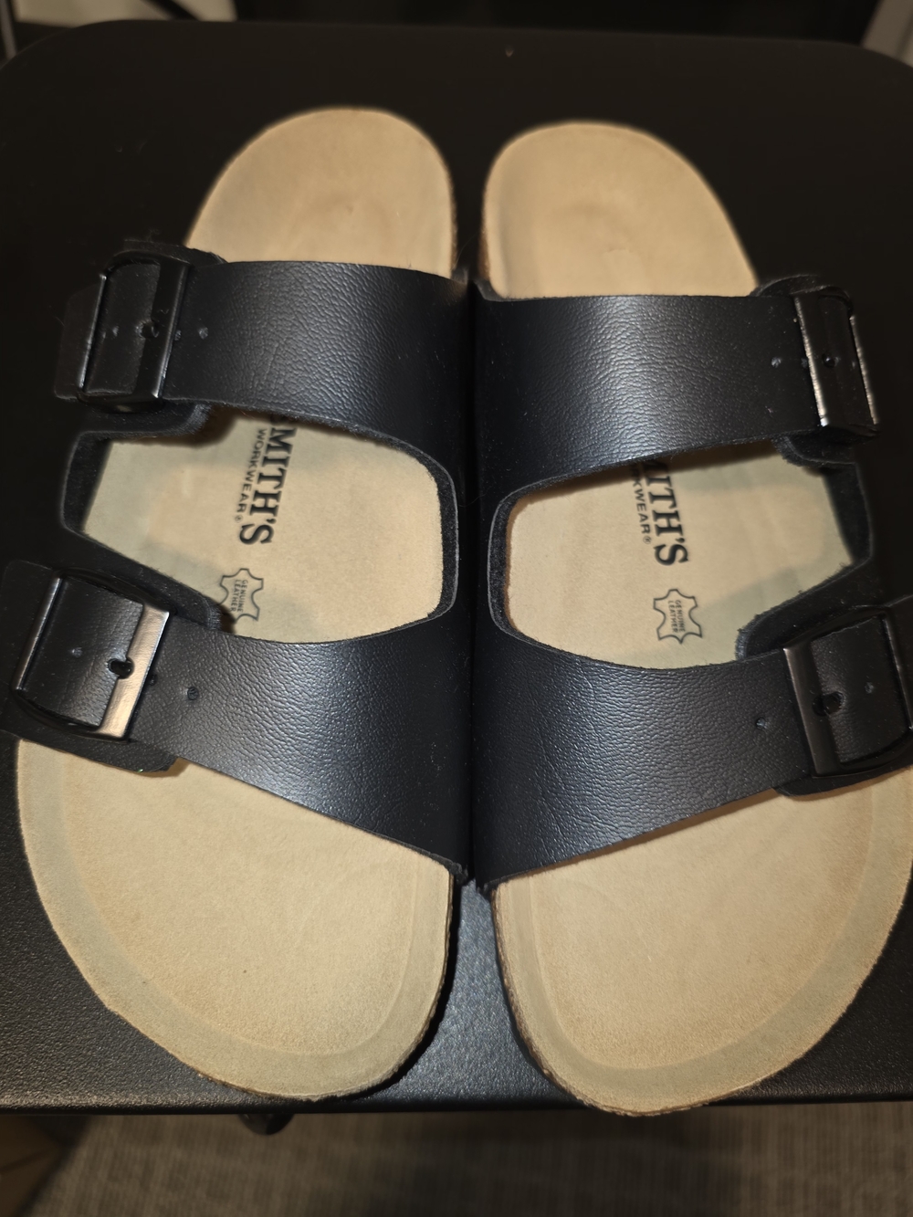 SMITH Black Double-Strap Buckle Sandals with Tan Footbed